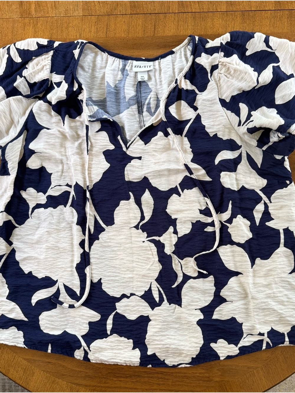 Ava & Viv Navy and Cream Floral Split-Neck Peasant Blouse